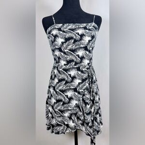 Camellia, Palm Leaf Print Mini Wrap Dress Black & White Smocked Back Size Medium